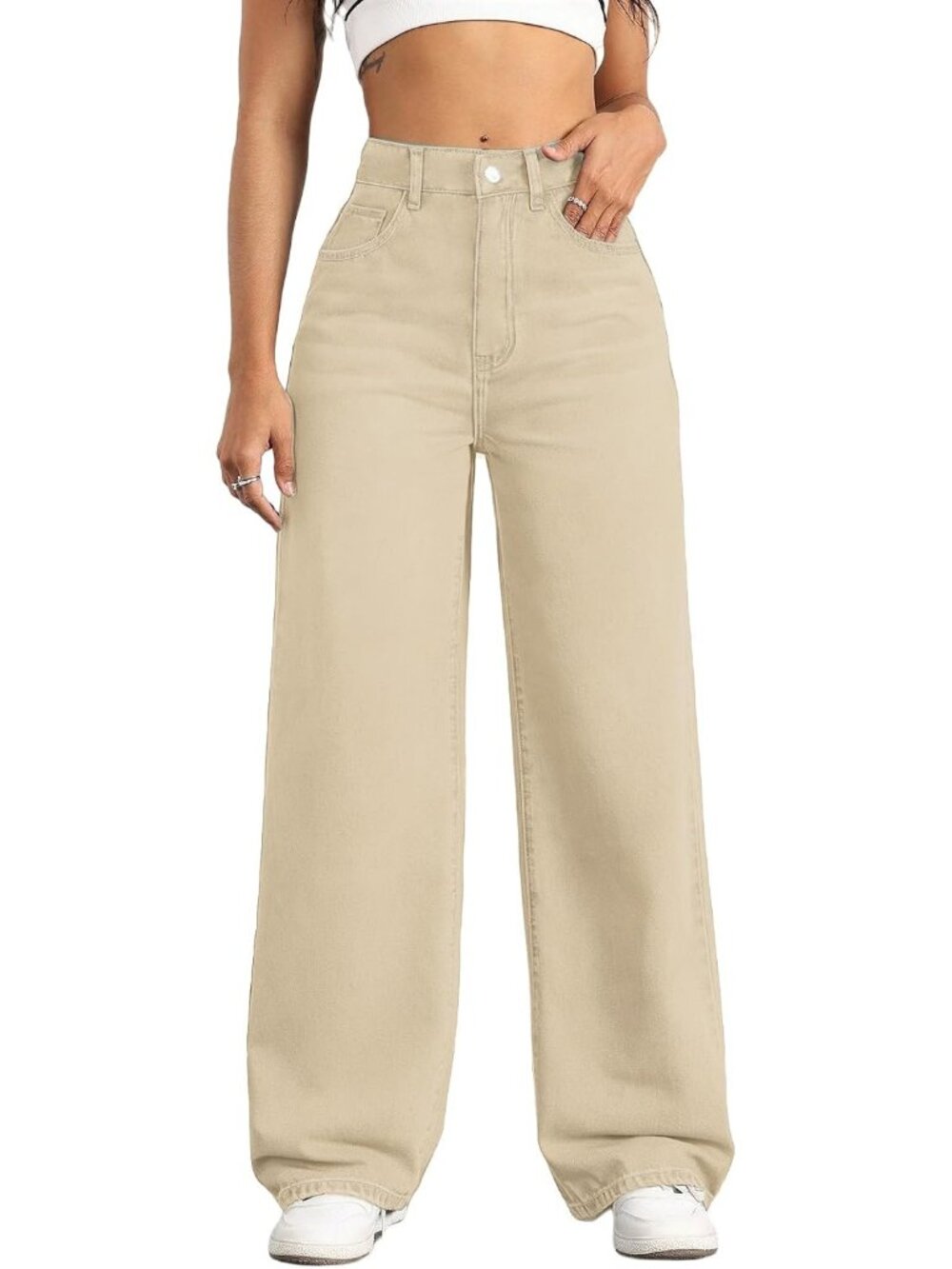 Women's Beige High Waisted Wide Denim Pants Baggy Trendy Straight Leg Jeans